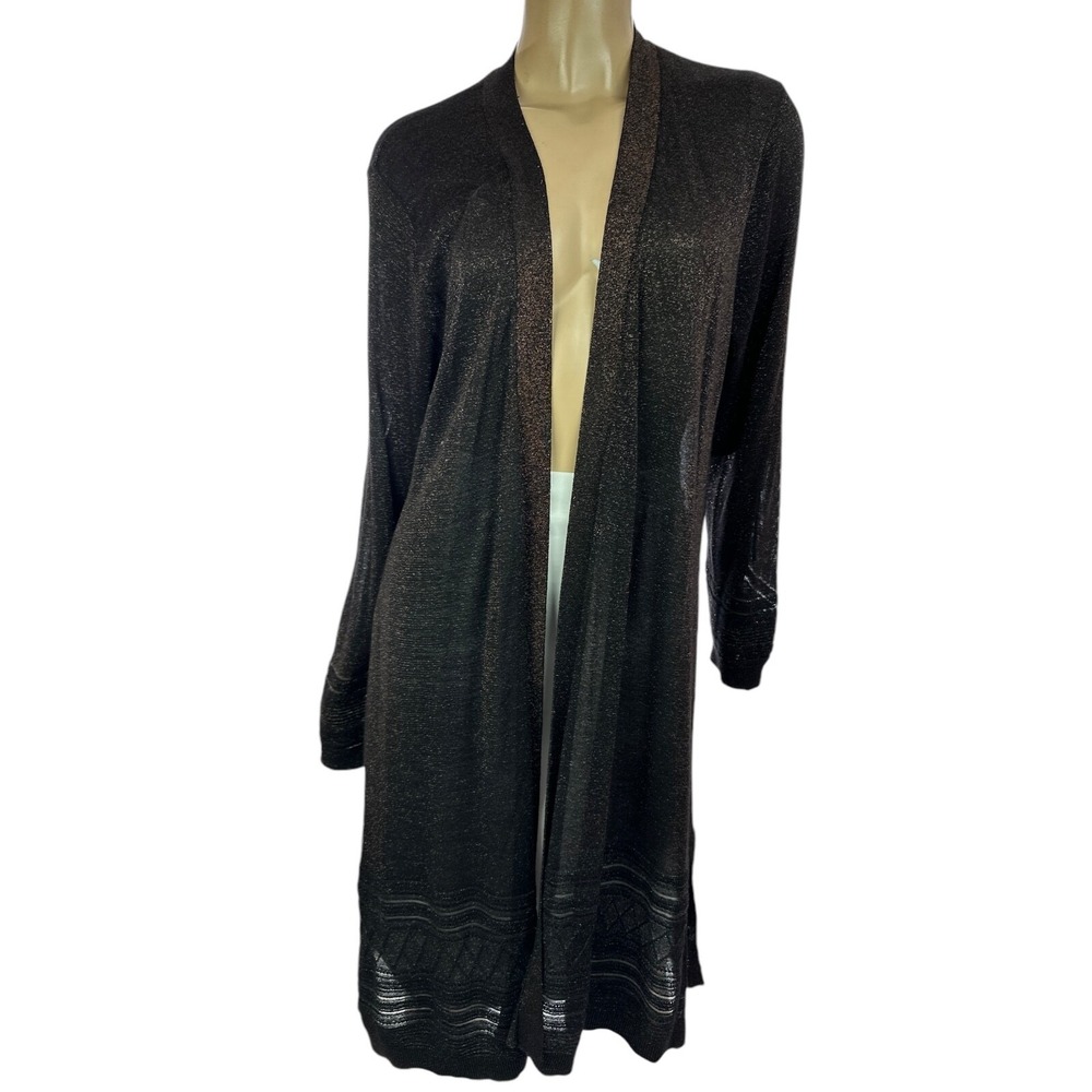 89th and Madison Size 1X Long Cardigan Sweater Brown & Gold Metallic Long Sleeve